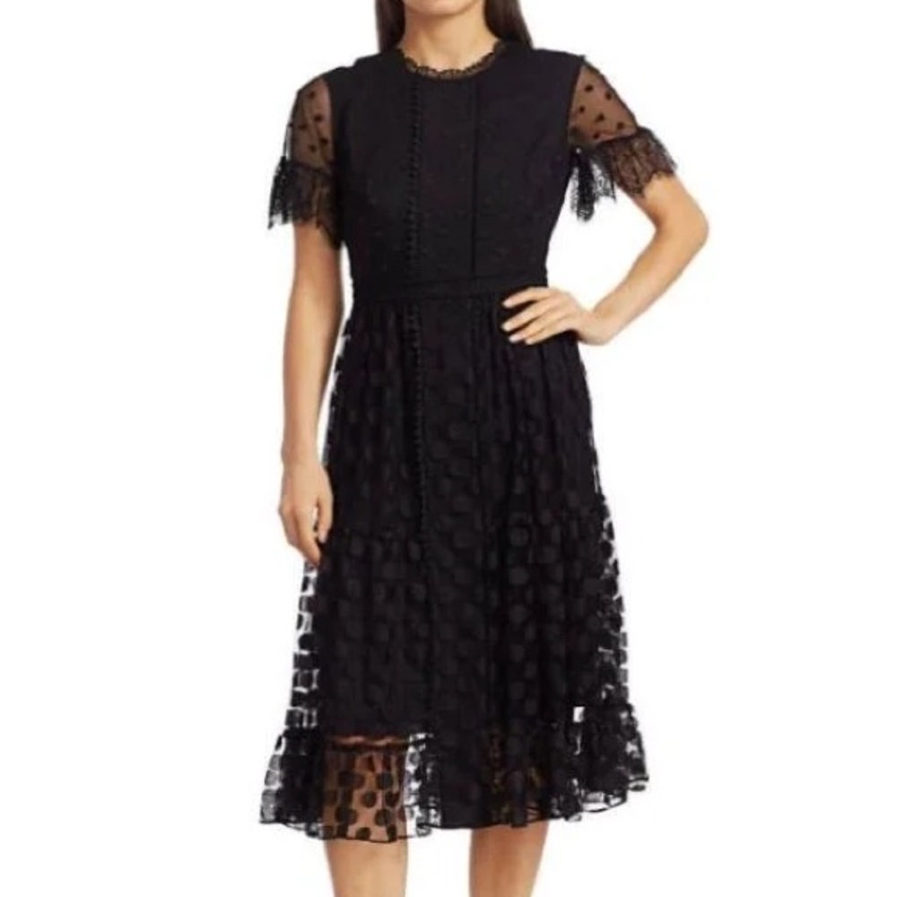 Saloni Lace-Trimmed Polka Dot Tulle Midi Dress